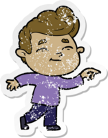 distressed sticker of a happy cartoon man pointing png