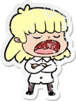 distressed sticker of a cartoon woman talking loudly png