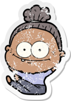 distressed sticker of a cartoon happy old woman png