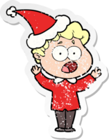 distressed sticker cartoon of a man gasping in surprise wearing santa hat png