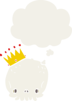 crâne de dessin animé avec couronne et bulle de pensée dans un style rétro png