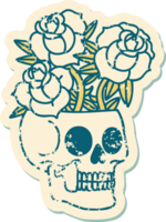 afligido pegatina tatuaje estilo icono de un cráneo y rosas png