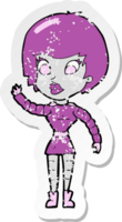 retro distressed sticker of a cartoon robot woman waving png