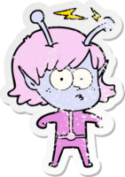 distressed sticker of a cartoon alien girl png