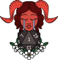 crying tiefling character with natural one D20 dice roll illustration png