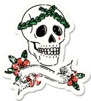 pegatina grunge con estandarte de una calavera con corona de laurel png