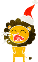 dessin animé rétro d'un lion rugissant portant un bonnet de noel png