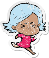 distressed sticker of a cartoon angry girl png