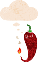 tecknad het chilipeppar och tankebubbla i retro texturerad stil png