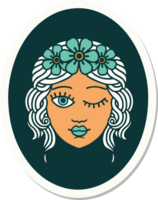 tattoo style sticker of a maiden with crown of flowers winking png