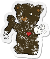 pegatina retro angustiada de un oso negro de peluche de dibujos animados con el brazo desgarrado png