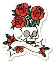 adesivo de tatuagem com banner de uma caveira e rosas png