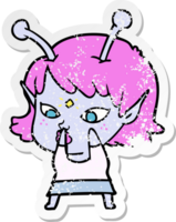 distressed sticker of a pretty cartoon alien girl png