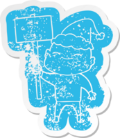 happy cartoon distressed sticker of a bald man wearing santa hat png