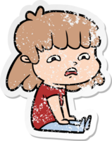 distressed sticker of a cartoon worried woman png