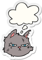 cartoon tough cat face and thought bubble as a printed sticker png