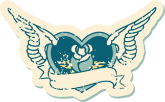 distressed sticker tattoo style icon of a flying heart with flowers and banner png