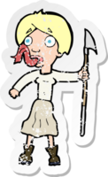 Retro-Distressed-Aufkleber einer Cartoon-Frau mit Speer, der die Zunge herausstreckt png