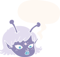 cartoon alien space girl face and speech bubble in retro style png