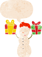 cartoon snowman with present and speech bubble in retro textured style png