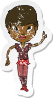 retro distressed sticker of a cartoon woman with idea png