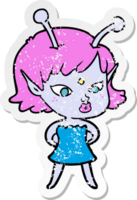 distressed sticker of a pretty cartoon alien girl png