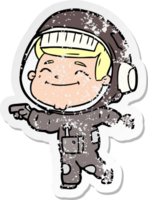 distressed sticker of a happy cartoon astronaut png