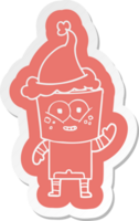 happy cartoon  sticker of a robot waving hello wearing santa hat png