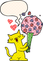 cartoon cat in love and flowers and speech bubble in comic book style png