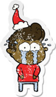 verontruste sticker cartoon van een huilende man met een kerstmuts png