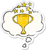 trophée de sport de dessin animé et bulle de pensée comme autocollant usé en détresse png