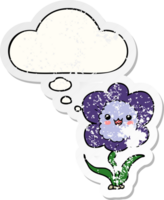 cartoon flower and thought bubble as a distressed worn sticker png