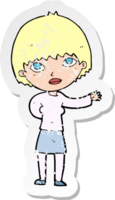 retro verontruste sticker van een cartoonvrouw die uitlegt png