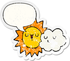 cartoon sun and cloud and speech bubble distressed sticker png