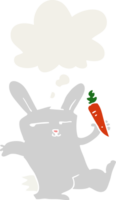 cartoon rabbit with carrot and thought bubble in retro style png