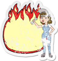 retro distressed sticker of a cartoon woman with spanner png