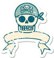 grunge sticker with banner of a pirate skull png