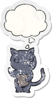 chat de dessin animé mignon et bulle de pensée comme un autocollant usé en détresse png