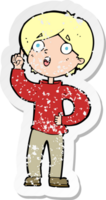 retro distressed sticker of a cartoon boy with idea png