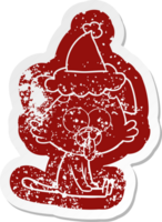 cartoon distressed sticker of a sitting dog with tongue sticking out wearing santa hat png