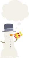 cartoon christmas snowman and thought bubble in retro style png