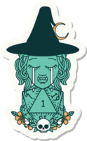 sad half orc witch character with natural one D20 roll sticker png