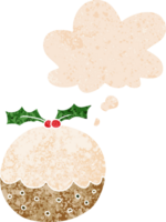 dessin animé pudding de noël et bulle de pensée dans un style texturé rétro png