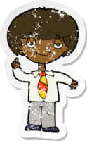 retro distressed sticker of a cartoon school boy answering question png