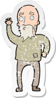 retro distressed sticker of a cartoon old man waving png