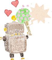 cartoon robot in love with speech bubble in grunge distressed retro textured style png