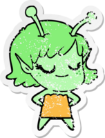 distressed sticker of a smiling alien girl cartoon png