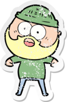 distressed sticker of a cartoon surprised bearded man png