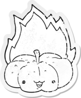 distressed sticker of a cartoon flaming pumpkin png