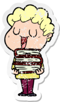 distressed sticker of a laughing cartoon man with books png